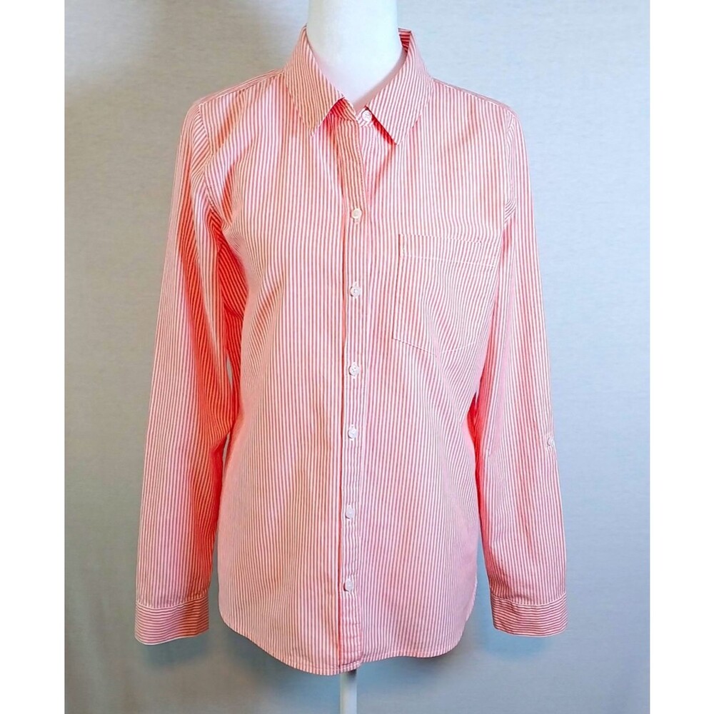 Croft & Barrow Womens S Peach White Striped Button Down Long Sleeve Cotton